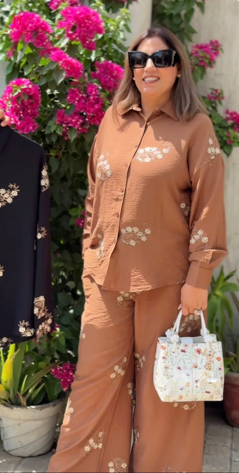 Mulson Mocha Bloom Embroidered Co-ord Set for Women | Premium Floral Printed Co-Ord Set