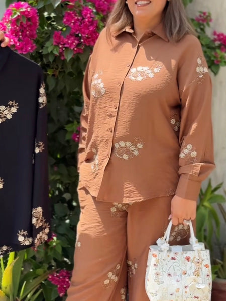 Mulson Mocha Bloom Embroidered Co-ord Set for Women | Premium Floral Printed Co-Ord Set