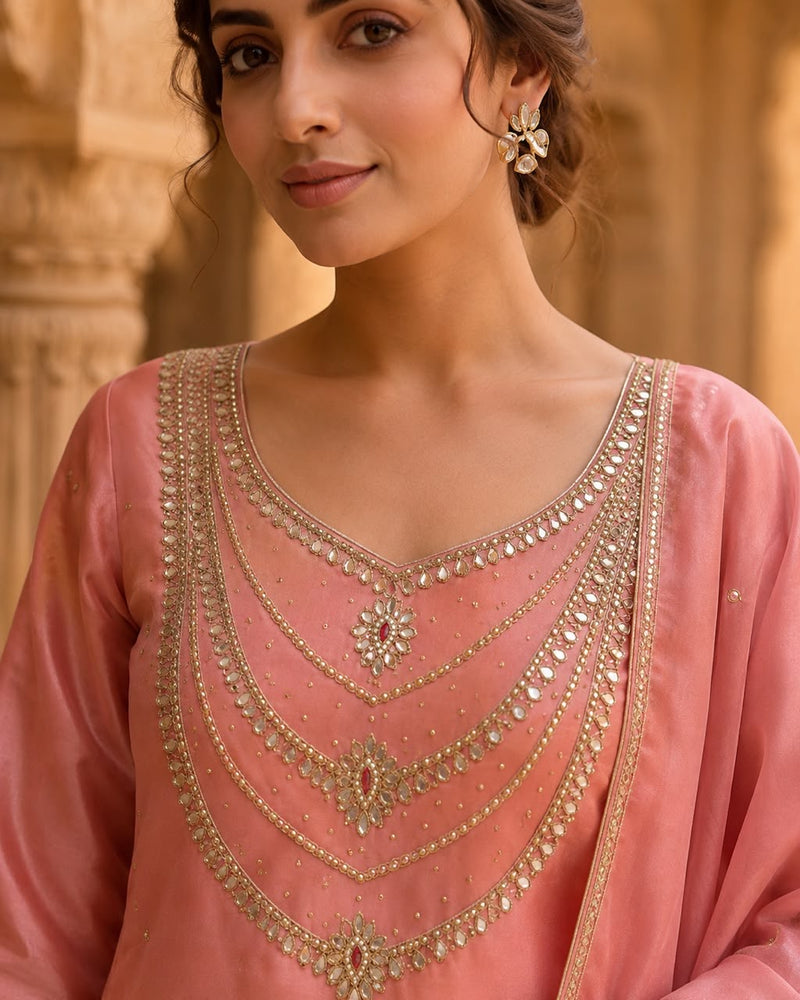 Women’s Peach Embroidered Kurta with Patiala Salwar & Dupatta | Festive Ethnic Suit Set