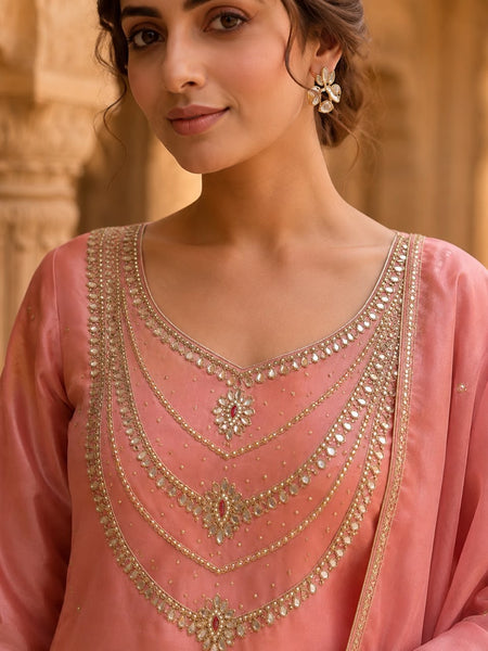 Women’s Peach Embroidered Kurta with Patiala Salwar & Dupatta | Festive Ethnic Suit Set