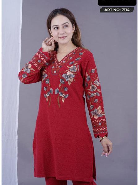 Stay effortlessly elegant with this premium embroidered winter suit in royal plum. Designed with intricate floral thread work on a warm, soft fabric – perfect for everyday comfort and festive charm.