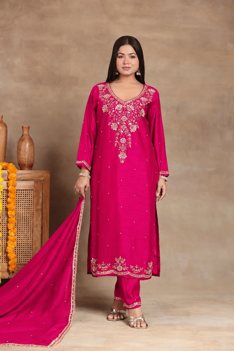 Women’s Rani Pink Embroidered Kurta Pant Set with Dupatta | Festive Ethnic Suit for Women