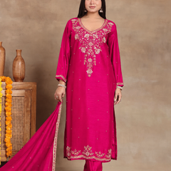 Women’s Rani Pink Embroidered Kurta Pant Set with Dupatta | Festive Ethnic Suit for Women