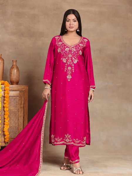 Women’s Rani Pink Embroidered Kurta Pant Set with Dupatta | Festive Ethnic Suit for Women