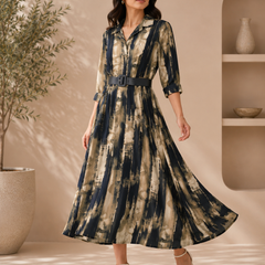 Women’s Olive & Navy Abstract Print Belted Midi Dress | Elegant Shirt Collar Fit & Flare Dress