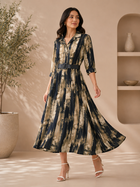 Women’s Olive & Navy Abstract Print Belted Midi Dress | Elegant Shirt Collar Fit & Flare Dress