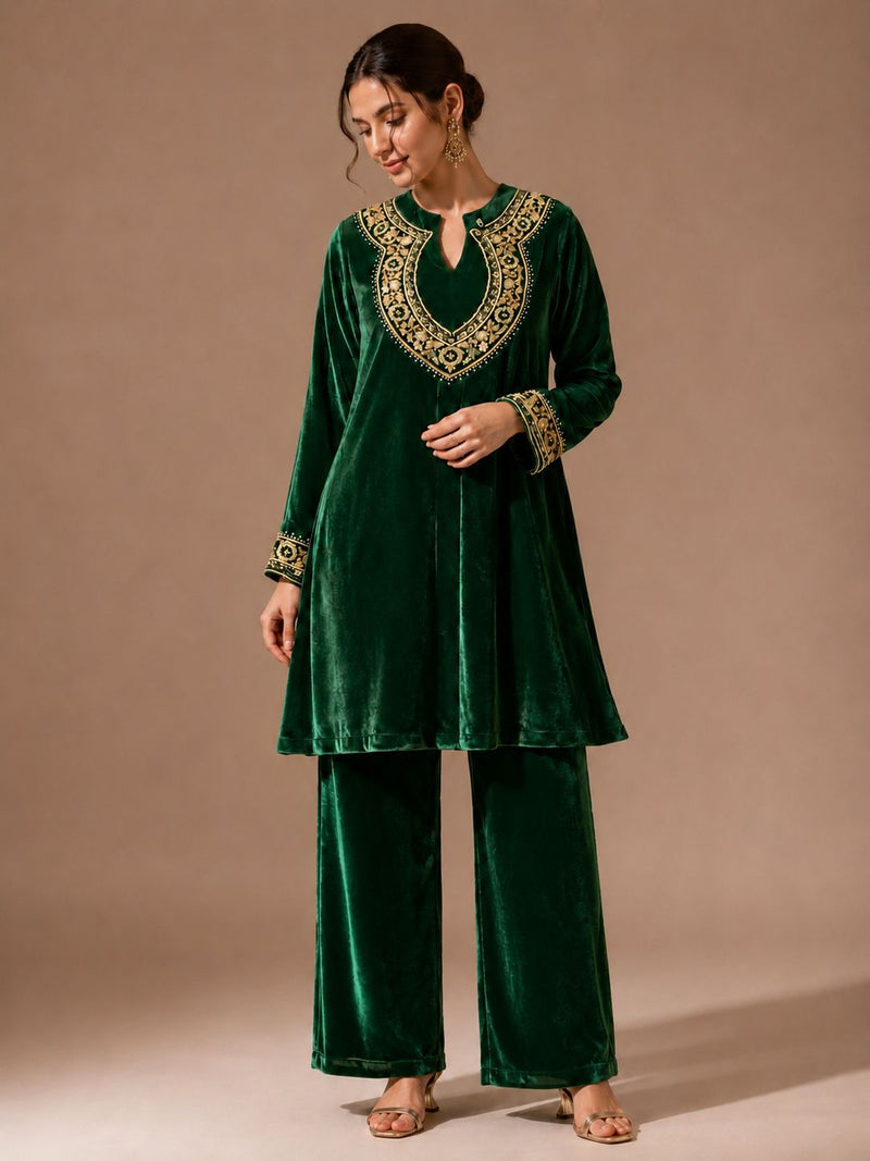 Royal Wine Velvet Embroidered Co-ord Set for Women