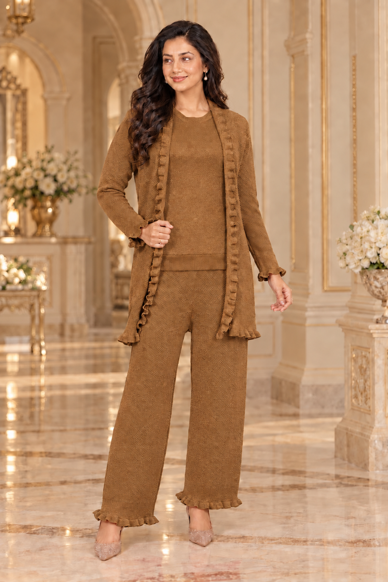 Ruffle Detail 3-Piece Knitted Winter Co-ord Set for Women