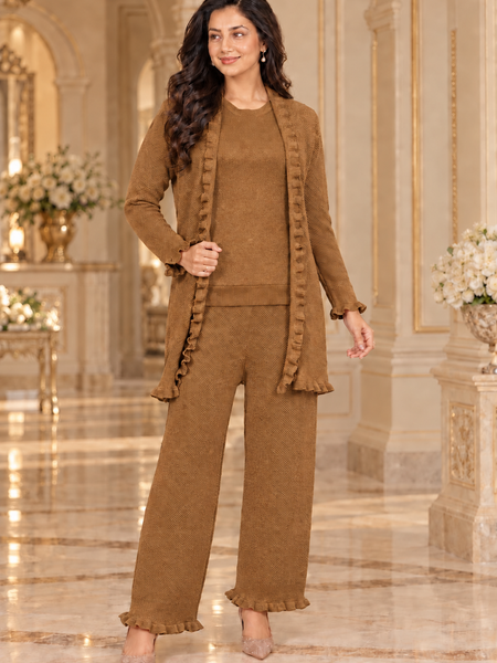 Ruffle Detail 3-Piece Knitted Winter Co-ord Set for Women