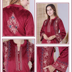 Step into elegance with our Sweetheens Exclusive Crafted from premium velvet fabric, this ensemble radiates royal sophistication and comfort. Adorned with intricate hand embroidery along the neckline, sleeves, and hem, every detail reflects