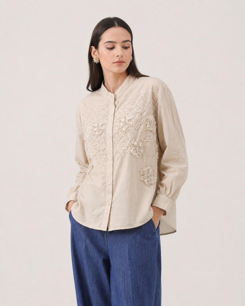 Women’s Beige Floral Embroidered Cotton Shirt | Mandarin Collar Full Sleeve Casual & Office Wear Top
