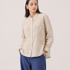 Women’s Beige Floral Embroidered Cotton Shirt | Mandarin Collar Full Sleeve Casual & Office Wear Top