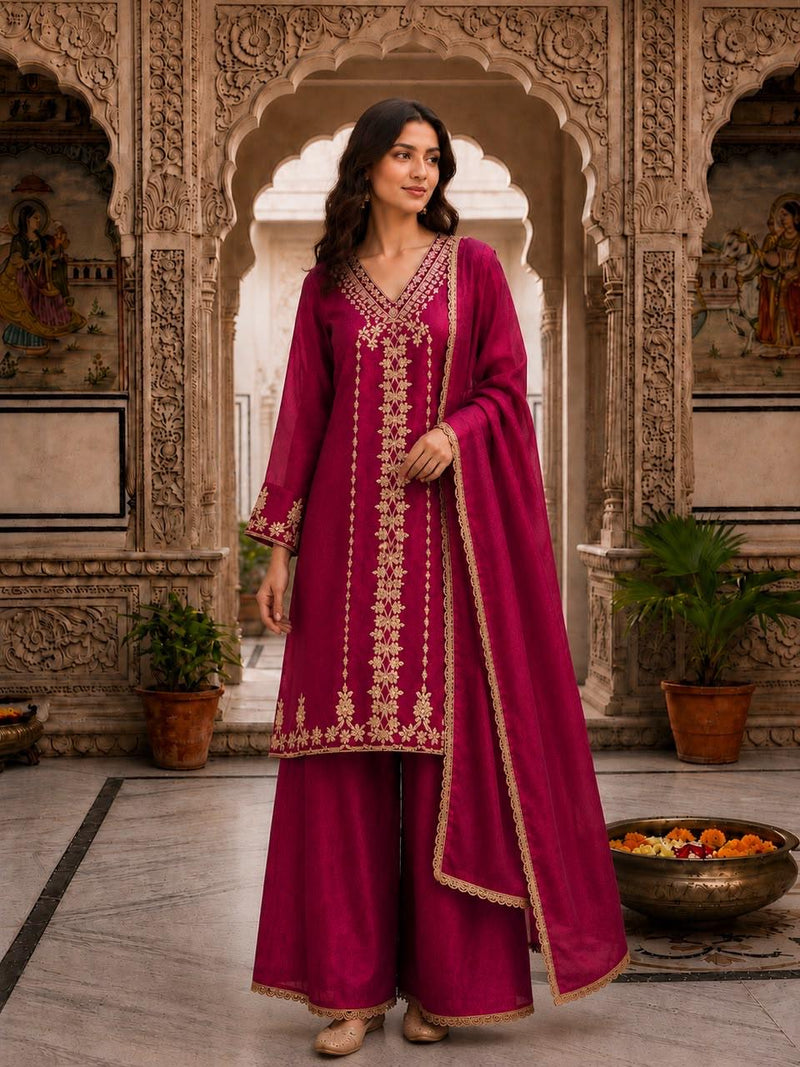 Women’s Orange Embroidered Kurta Palazzo Set with Dupatta