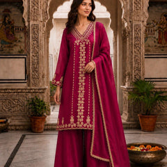 Women’s Orange Embroidered Kurta Palazzo Set with Dupatta