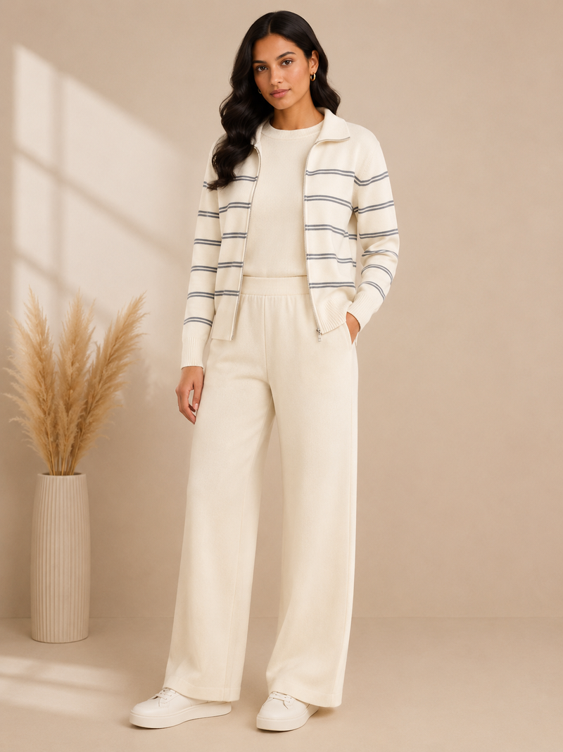 Mulson Ivory Striped 3-Piece Knitted Co-ord Set with Zip Jacket