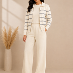 Mulson Ivory Striped 3-Piece Knitted Co-ord Set with Zip Jacket