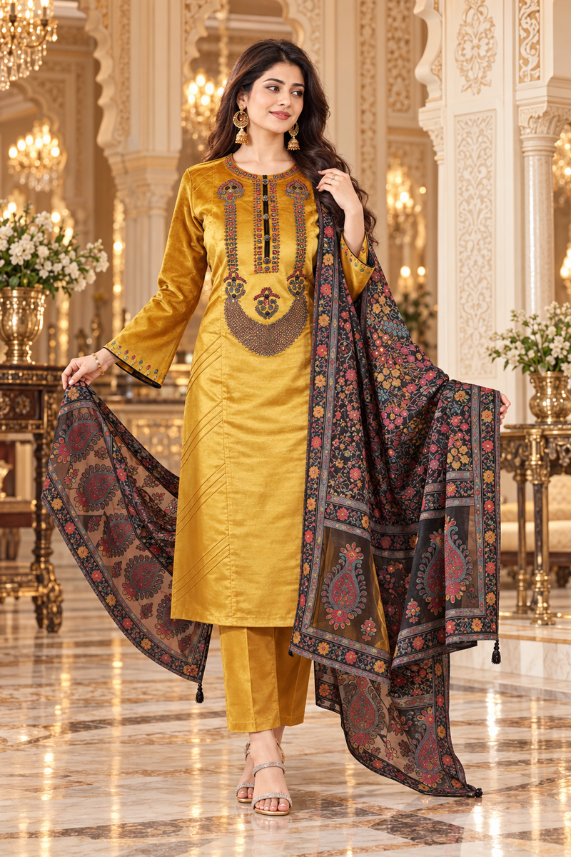 Mustard Gold Embroidered Kurta Pant Set with Floral Printed Dupatta