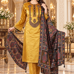 Mustard Gold Embroidered Kurta Pant Set with Floral Printed Dupatta