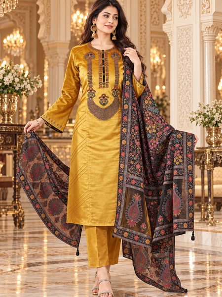 Mustard Gold Embroidered Kurta Pant Set with Floral Printed Dupatta