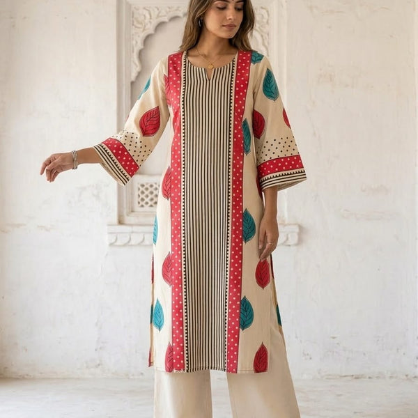 Mulson Ivory Leaf Stripe Kurta Set