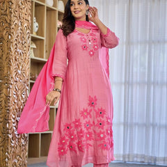 Premium Mul Chanderi Appliqué & Mirror Work Kurta Set with Dupatta