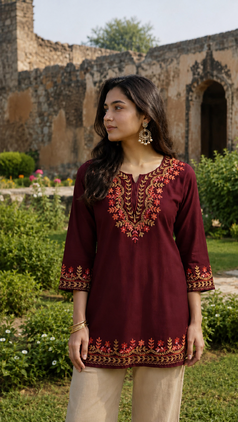 Bottle Green Multicolour Floral Embroidered Short Kurti for Women