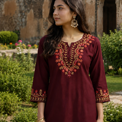 Bottle Green Multicolour Floral Embroidered Short Kurti for Women