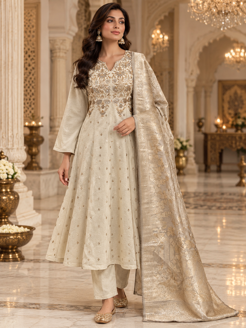 Wool Anarkali Suit Set with Gold Dupatta