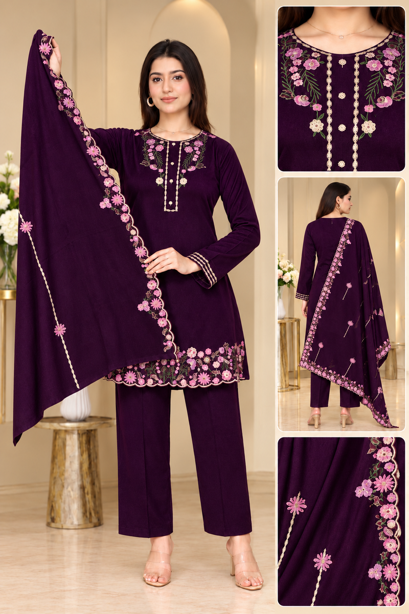 Floral Embroidered 3-Piece Suit Set with Dupatta for Women