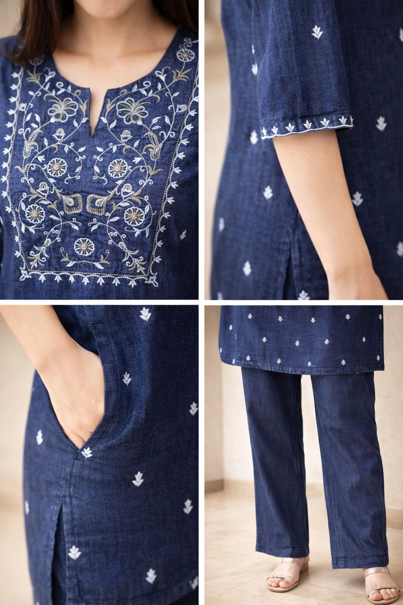 Women’s Denim Embroidered Kurta Pant Set