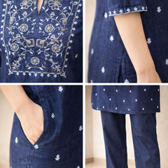 Women’s Denim Embroidered Kurta Pant Set