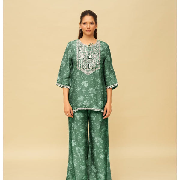 Women’s Printed Kurta Palazzo Set with Embroidered Neckline