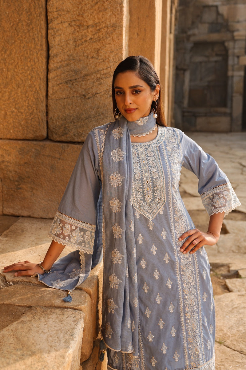 Mulson Mist Blue Embroidered Suit Set