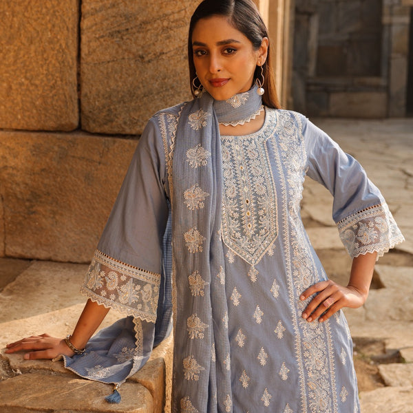 Mulson Mist Blue Embroidered Suit Set