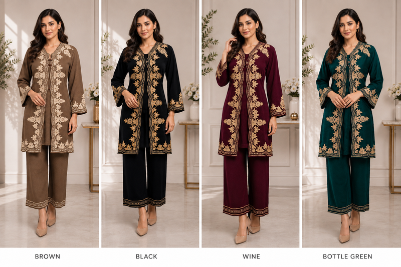 Kashmira Noor Embroidered Winter Co-ord Set – Mocha Brown