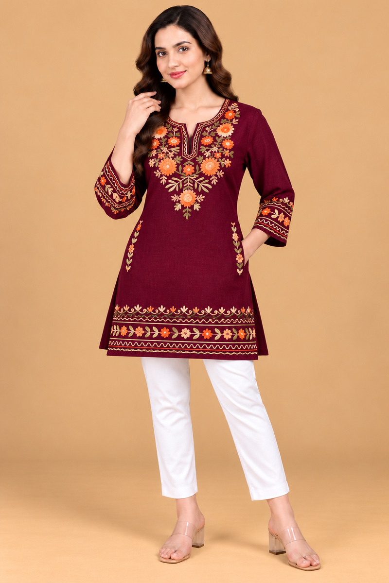 Multicolour Floral Embroidered Short Kurti for Women