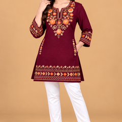 Multicolour Floral Embroidered Short Kurti for Women