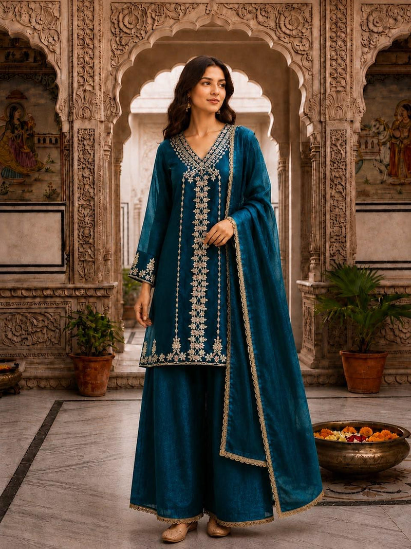 Women’s Orange Embroidered Kurta Palazzo Set with Dupatta