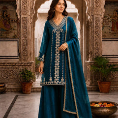 Women’s Orange Embroidered Kurta Palazzo Set with Dupatta