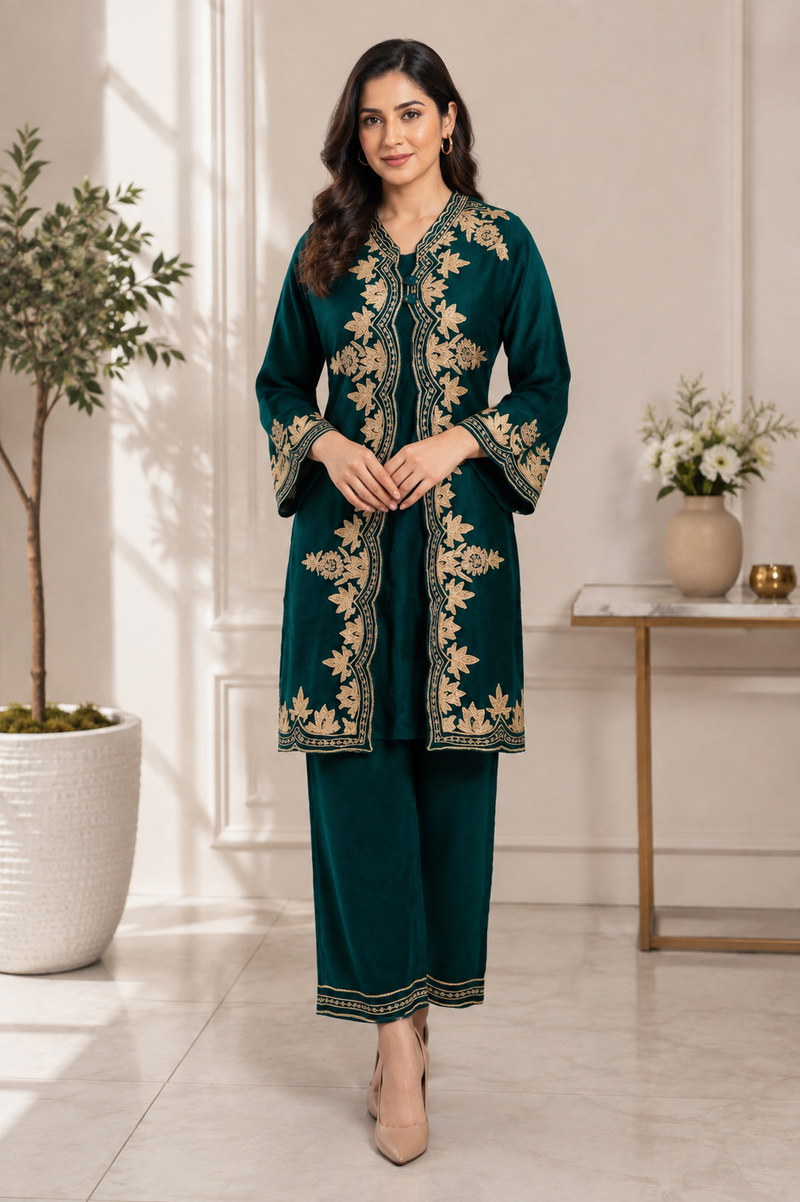 Kashmira Noor Embroidered Winter Co-ord Set – Mocha Brown