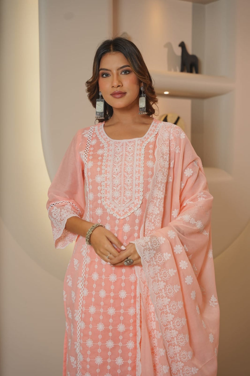 Blush Pink Chikankari Embroidered Cotton Suit Set with Dupatta for Women | Elegant Ethnic Wear