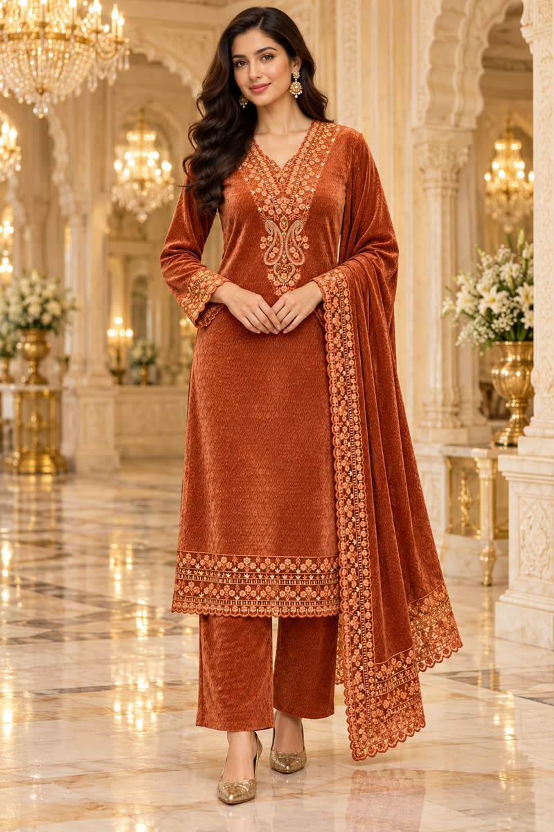 Embroidered Velvet Kurta Set with Dupatta