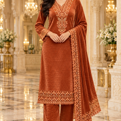 Embroidered Velvet Kurta Set with Dupatta