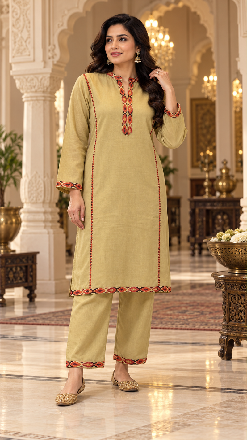 Kashmiri Border Work Winter Kurta Pant Set
