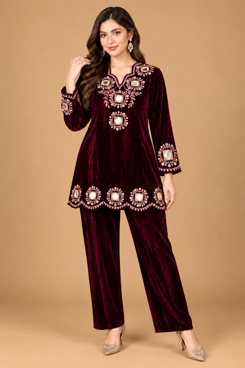 Royal Plum Velvet Mirror Embroidered Co-ord Set