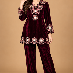 Royal Plum Velvet Mirror Embroidered Co-ord Set
