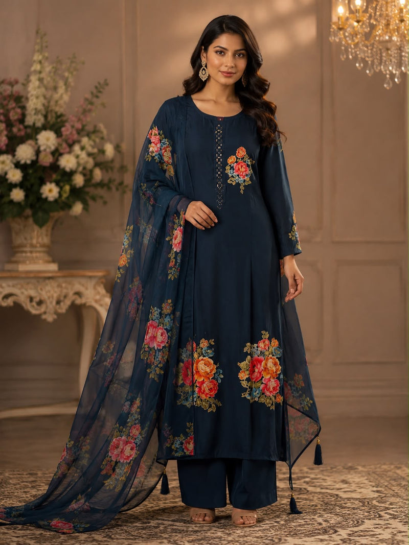 Women’s Navy Blue Floral Printed Kurta Palazzo Set with Dupatta | Elegant Festive Ethnic Wear