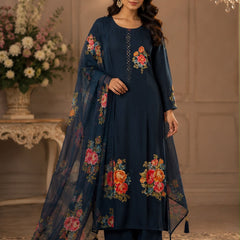 Women’s Navy Blue Floral Printed Kurta Palazzo Set with Dupatta | Elegant Festive Ethnic Wear