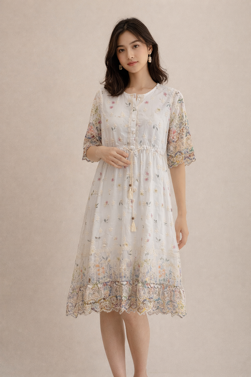 Ivory Bloom Embroidered Midi Dress