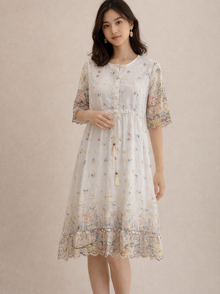 Ivory Bloom Embroidered Midi Dress